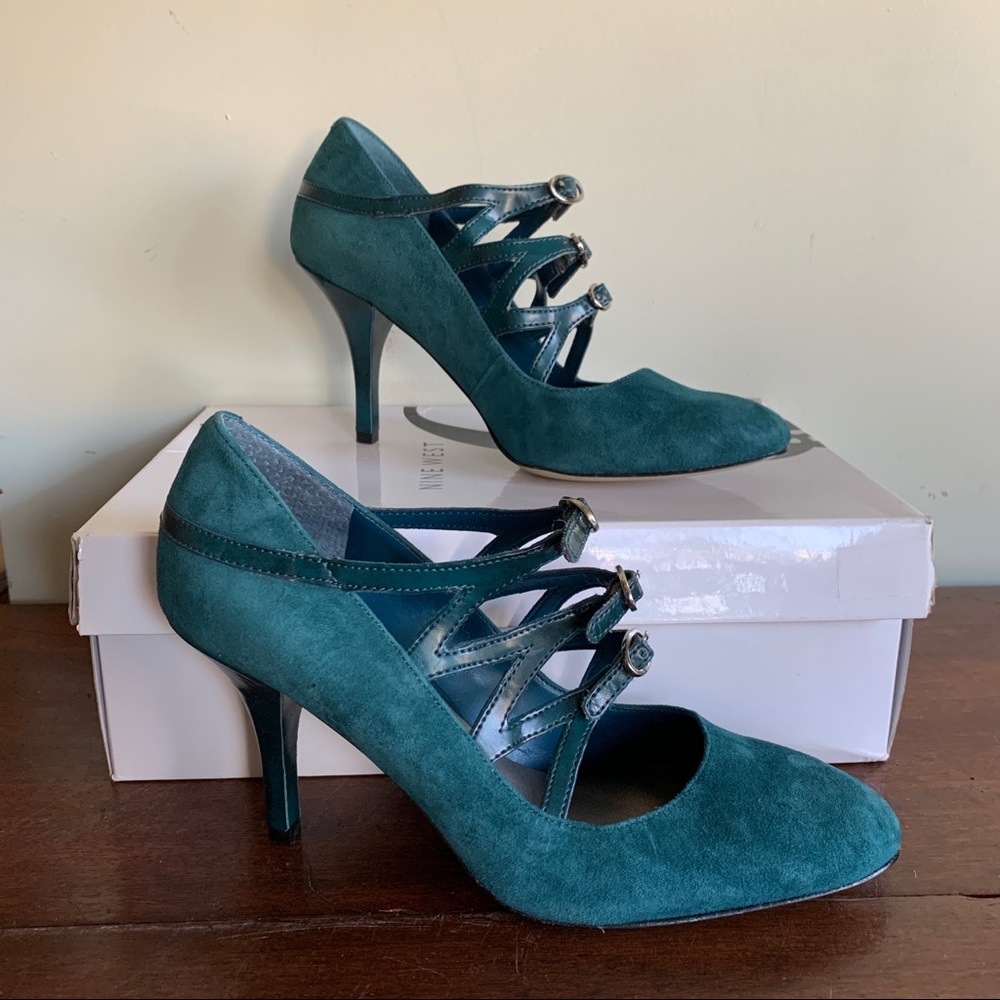 Nine West Jade Green Suede Mary Jane High Heels B-85